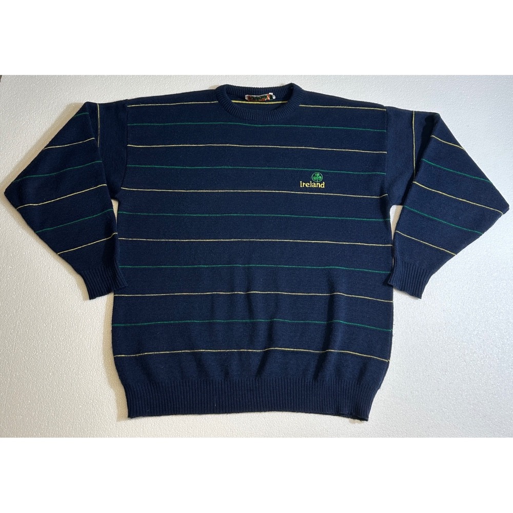 Vintage Quills Woolen Market Mens XL Navy Sweater Ireland Shamrock Irish Striped